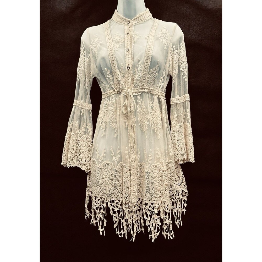 Boston Proper Women's XS  Lace Crochet Ivory Button Dress Duster Cardigan